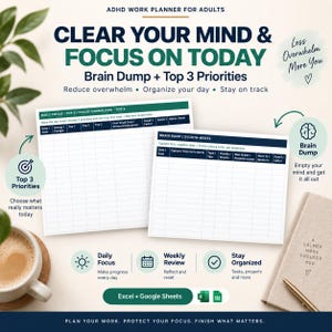 Può includere: Un pianificatore di lavoro ADHD per adulti con due modelli digitali bianchi con testo blu scuro e verde. I fogli includono colonne per la concentrazione quotidiana, le 3 priorità principali e una sezione brain dump. Testo: Clear Your Mind & Focus On Today.