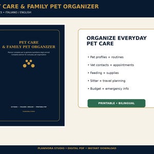 Può includere: Un organizzatore per animali domestici di 29 pagine, bilingue italiano e inglese, in formato PDF digitale. La copertina blu scuro presenta testo dorato e un'icona circolare. Il pannello informativo bianco elenca profili, veterinari e budget.