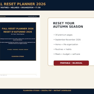 Könnte beinhalten: Ein digitaler Fall Reset Planner 2026 von Planivora Studio. Das Dokument hat ein dunkelblaues Cover mit goldenem Text, inklusive Titel, 30 Seiten und zweisprachigem Inhalt. Ein weißes Feld listet Funktionen wie Haushaltsorganisation und Routinen auf.