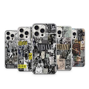 Könnte beinhalten: Eine Sammlung von fünf Smartphone-Hüllen mit einem schwarz-weißen Collage-Design. Jede Hülle zeigt das Wort NIRVANA in fetter Schrift sowie verschiedene monochrome Bilder, bandbezogene Grafiken und Textausschnitte aus Album-Artworks.
