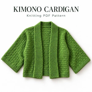 May include: A bright green knitted kimono cardigan with a textured square pattern, wide sleeves, and a garter stitch border. The text KIMONO CARDIGAN Knitting PDF Pattern is displayed above the garment, which features an open front design.
