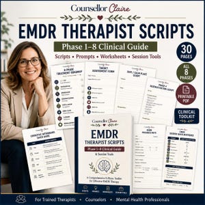 Puede incluir: Una colección de guiones para terapeutas EMDR y una guía clínica que incluye un kit de herramientas en PDF imprimible de 30 páginas. Los materiales incluyen una hoja de ruta de tratamiento de 8 fases, formularios de evaluación y notas de progreso.