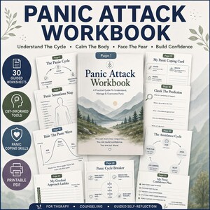 Panic Attack Workbook, CBT Worksheets for Anxiety, Panic Coping Skills, Therapy Worksheets, 30 Printable Mental Health Worksheets PDF