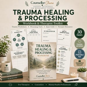 以下が含まれることがあります： Counsellor Claireによる「Trauma Healing & Processing」ワークブックとセラピストツールキット。30ページの印刷可能なPDFワークシートが含まれており、「The Trauma Cycle」、「My Life & Trauma Timeline」、「My Stabilization Plan」、「My Trauma Recovery Roadmap」などの資料と、山岳風景が描かれた表紙デザインで構成されています。