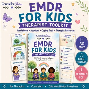 May include: A spiral-bound EMDR for Kids Therapist Toolkit with worksheets, activities, and coping tools. The cover features three children, a rainbow, and trees. Includes cards for My Safe Place, Window of Tolerance, and Butterfly Hug, plus 30 printable pages.
