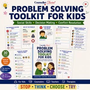 May include: A Problem Solving Toolkit for Kids educational resource featuring a central workbook titled Problem Solving Toolkit for Kids with 30 practical worksheets and activities. The set includes various instructional sheets covering social skills, decision making, and conflict resolution strategies with colourful illustrations and text.