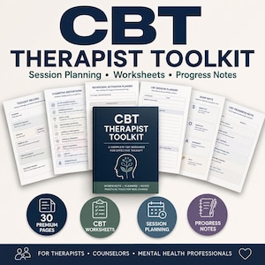 May include: A CBT Therapist Toolkit featuring a dark blue book cover with a white head silhouette and plant icon, surrounded by various white paper worksheets including a Thought Record, Session Planner, and SOAP Note, plus four circular icons.