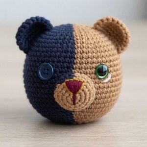 May include: A round, crocheted bear head featuring a split-color design with one side in dark navy blue and the other in tan. It has a dark navy blue button eye, a green plastic eye, and a tan muzzle with a stitched maroon nose and mouth.