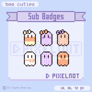 May include: A set of six pixel art ghost icons labeled boo cuties sub badges. The ghosts feature various patterns and colors including white, orange, and purple with bows and checkered designs. The text PIXELNOT is visible at the bottom right.