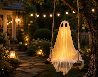 May include: A glowing white ghost decoration made of draped fabric with two dark oval eyes, suspended on a wooden swing seat hanging from a tree branch. The figure emits a warm internal light, creating a soft illumination against the dark.
