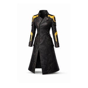 Women's Cyberpunk Leather Trench Coat – Black Yellow Gothic Duster Jacket