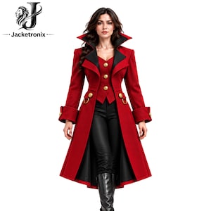 May include: A long red coat with a black lapel and collar, featuring gold buttons, a matching red vest, black trousers, and black boots. The Jacketronix logo with a lion head icon is visible in the upper left corner of the image.