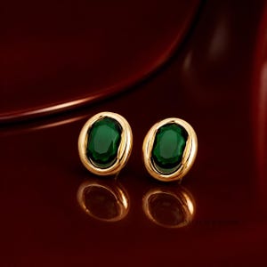 Artisan Handmade Emerald Green Oval Stud Earrings with 925 Sterling Silver Posts