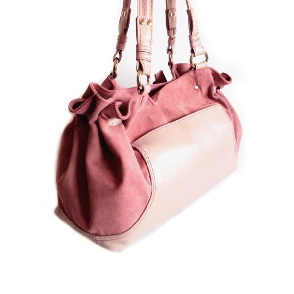 Pink Leather Shoulder Bag, Large Satchel, Suede Tote Bag, Pink Handbag, Summer Bag, Dusty Pink