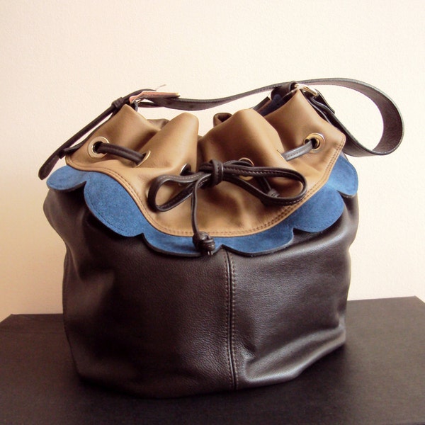 SALE Brown Leather Hobo Bag, Drawstring Bag, Shoulder Bag, Blue Brown Carryall Bag, Leather Sack Sand