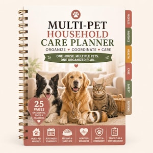 May include: A spiral-bound multi-pet household care planner with a cover featuring a dog, cat, rabbit, and guinea pig. The text reads Multi-Pet Household Care Planner, Organize Coordinate Care, and 25 Pages of Essential Tools and Trackers.