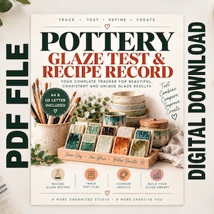 Puede incluir: Un archivo PDF digital titulado Pottery Glaze Test & Recipe Record. El documento incluye texto, iconos e imágenes de azulejos de prueba de cerámica, cuencos y pinceles, diseñados para registrar recetas de esmalte y resultados.