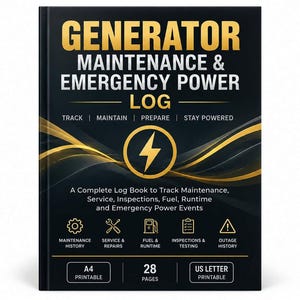 May include: A black log book titled GENERATOR MAINTENANCE & EMERGENCY POWER LOG with gold text and a central lightning bolt icon. It features sections for maintenance, service, fuel, runtime, and outage history, with A4 and US Letter printable options.