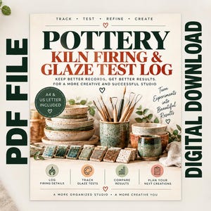 Puede incluir: Un registro digital en PDF para cocción de cerámica y pruebas de esmalte con el texto: TRACK, TEST, REFINE, CREATE, POTTERY KILN FIRING & GLAZE TEST LOG, A4 & US LETTER INCLUDED, e iconos para registrar, rastrear, comparar y planificar.