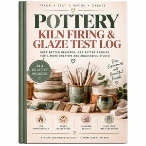 May include: A hardcover book titled POTTERY KILN FIRING & GLAZE TEST LOG with a cream cover, dark green spine, and text including TRACK, TEST, REFINE, CREATE. The cover features images of ceramic bowls, pottery tools, and glaze test tiles.