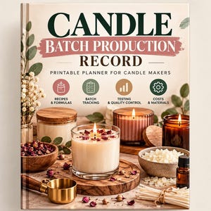 Puede incluir: Un libro de tapa dura titulado Candle Batch Production Record, un planificador imprimible para fabricantes de velas. La portada presenta texto en verde oscuro, un trazo de pincel rosa e iconos para recetas, seguimiento, pruebas y costes con velas.