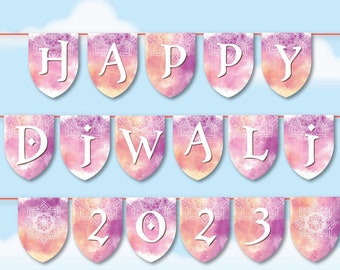 Happy Diwali banner, printable Diwali 2023 mandala party decor, Instant download Bollywood party decor, Indian Diwali garland printable