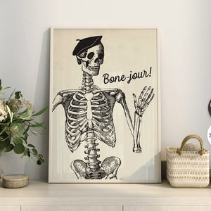 Plakat ścienny Bone-jour Halloween do wydrukowania, dekoracja szkieletu na Halloween, natychmiastowe pobranie, zabawny znak na Halloween, dowcipna dekoracja na Halloween