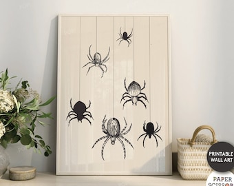 ヴィンテージスパイダーウォールアート、アンティークハロウィンスパイダープリント、ゴシックウォールデコレーション、10月のギャラリープリント、不気味なビクトリアンポスタープリント