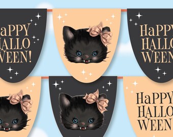 ヴィンテージ子猫ハロウィンバナー、パステルオレンジのゴス系ハロウィン猫デコレーション、不気味でかわいいハロウィンパーティーの玄関デコレーション、デジタルダウンロード