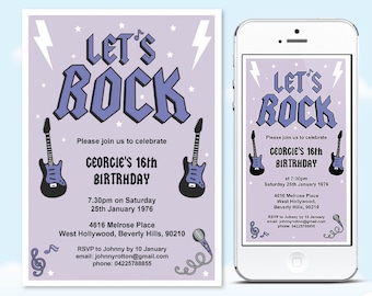 Let's Rock invitation, Rock n Roll invitation editable mobile invitation, Rock Star Karaoke invite, lavender invitation instant download