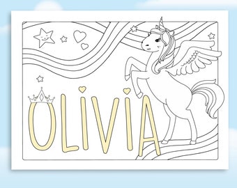 Cute unicorn name coloring page printable, unicorn birthday coloring page activity, personalized unicorn kids coloring pages