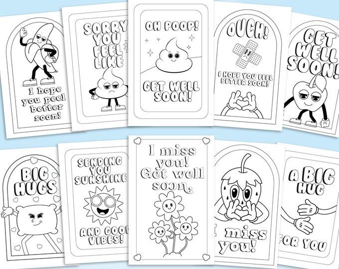 Get Well Soon Coloring Cards Bundle, Classroom Coloring Book, Big Hugs