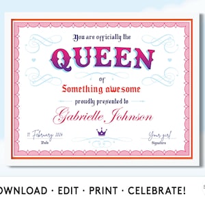 Editable The Queen certificate, printable custom award certificate, fun certificate for party, printable bachelorette award template