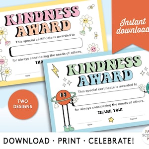 Cute kids kindness award template, printable kindergarten certificate template, home school award instant download