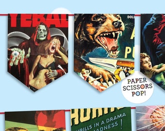 Vintage horror movie poster, Retro Halloween banner, printable Halloween decorations, classic horror movie banner, instant download