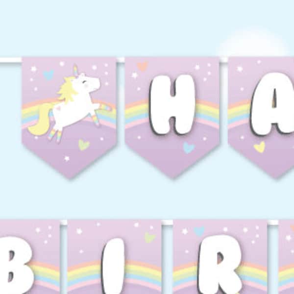 Unicorn Banner, Unicorn Birthday Garland, Personalized Unicorn Pennant, Printable Fairy Tale Party Decor, Magical Pastel Unicorn Decorations