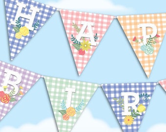 Printable gingham birthday banner, picnic themed birthday banner, DIY birthday banner instant download