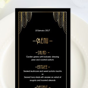 Menu Wielkiego Gatsby'ego, Niestandardowe Menu Gatsby'ego Czarno-Złote, Wydrukowana Karta Menu Art Deco z lat 20. XX wieku, Niestandardowy Szablon Menu, Lista Koktajli z Czasów Prohibicji