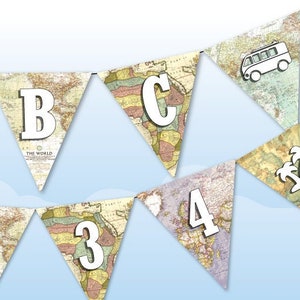 Vintage Karte Alphabet Banner Vorlage, Karte zurück zur Schule Banner, Willkommen zurück Banner, Bon Voyage Girlande, Klassenzimmer Zeichen, Instant Download