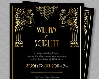 Great Gatsby Wedding Invitation Roaring 20's Party Art Deco Invitation Black and Gold Gatsby Save the Date, Peacock Invitation Scalloped