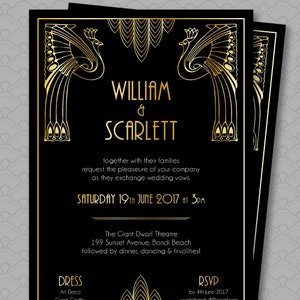 Great Gatsby Wedding Invitation Roaring 20's Party Art Deco Invitation Black and Gold Gatsby Save the Date, Peacock Invitation Scalloped image 1