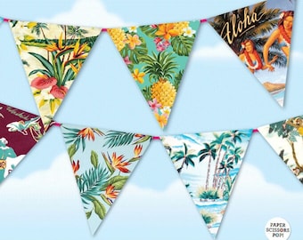 Aloha Hawaiian Wedding Decor Tropical Party Decor, Vintage Hawaiian Pattern Pineapple Decoration Printable Tropical Garland Hawaii Theme