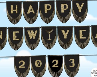 Happy New Year 2024 Banner, Gatsby 2024 New Year Garland instant download, Black and Gold Glitter, 2024 New Years Eve Banner Photo Prop