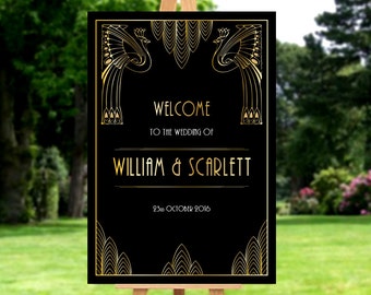 Wedding Sign Template, Gatsby Wedding Decor, Roaring 20's Art Deco, Welcome the Bride and Groom Sign, Peacock Gastby Decor, Digital Download