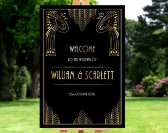 Hochzeitsschild Vorlage, Gatsby Hochzeitsdeko, Roaring 20s Art Deco, Willkommen das Brautpaar Schild, Pfau Gastby Deko, Digitaler Download