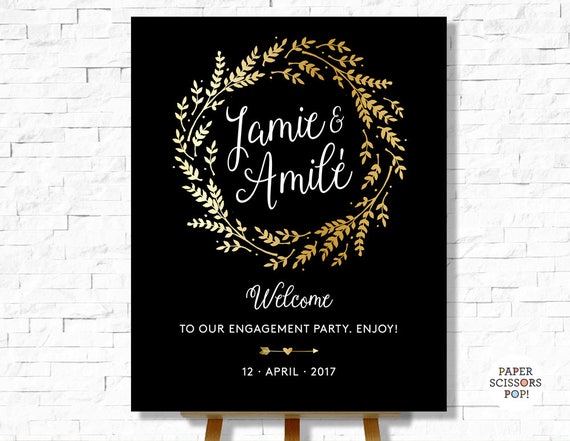 Engagement Welcome Sign, Engagement Wreath Sign, Gold Wedding Decor, Floral Wedding Decor, Gold Leaves Decor Wreath Black and Gold Wedding Il_570xn