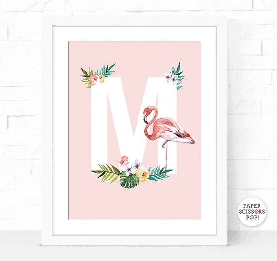 Pink Flamingo Print, Letter M Initial Print Flamingo Nursery Decor RetroTropical Leaves, Tropical Flowers Print Frangipani, Tropical Nursery Il_570xn