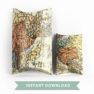 Vintage map favor box printable pillow box template, honeymoon gift card, travel gift card envelope instant download, travel wedding favors