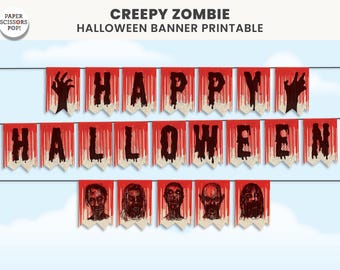 ハッピーハロウィンゾンビバナーと血まみれゾンビフェイスフラッグの印刷可能なガーランド、ホラーパーティーデコレーション、不気味でゾッとするパーティーデコレーションの即時ダウンロード