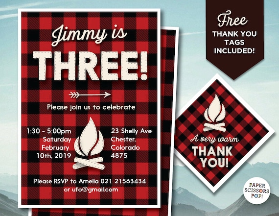 Lumberjack Birthday Invitation, Camp Invitation Red Buffalo Plaid Birthday Invitation, Bonfire Birthday, Wild One Party 3rd, 4th, 5th, 1st Il_570xn